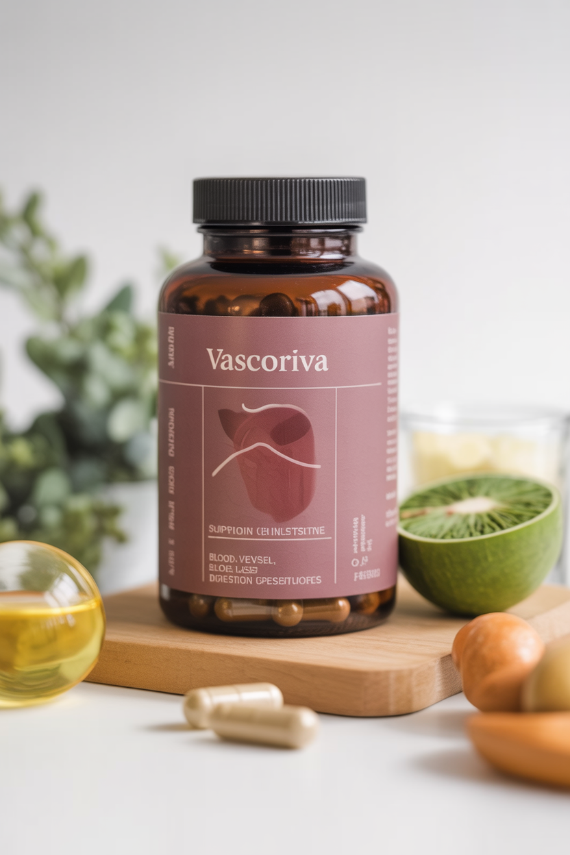 Vascoriva supplement bottle with capsules for heart, blood vessel, and digestion support